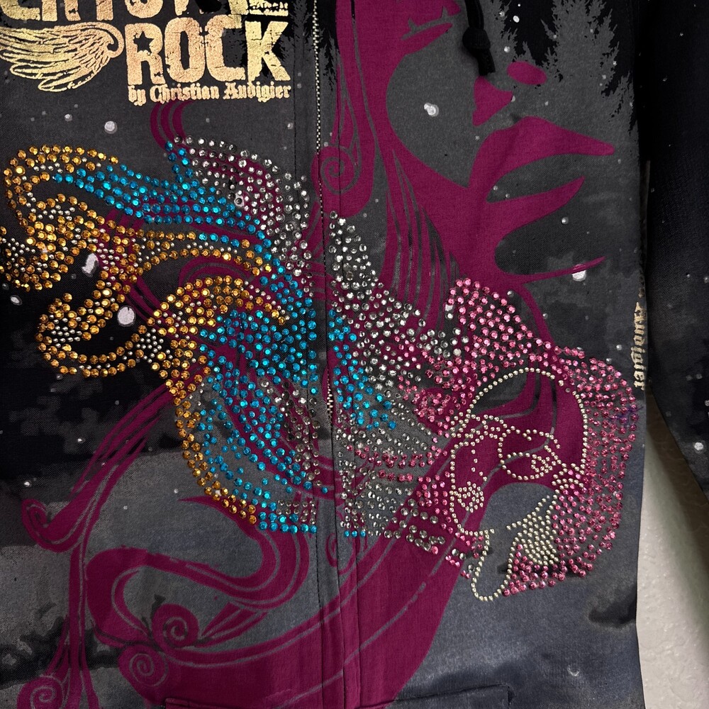 Christian Audigier Y2K Jacket Womens XS Crystal Rock Rhinestone Hair Hoodie NEW - Picture 5 of 12